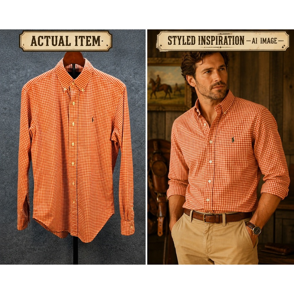 Ralph Lauren Gingham Shirt Mens‎ Classic Fit Orange White S Excellent Preppy